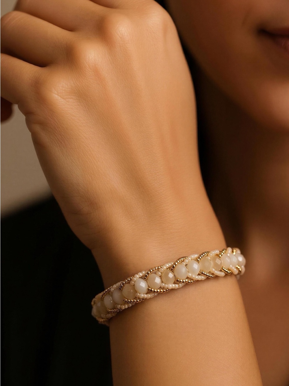 Gold and Cream Braided Bead Bracelet - Women Jewelry